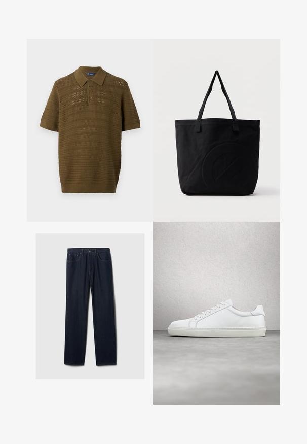 Polo à manches courtes en vert olive, présentant un design en maille texturée et aérée avec des rayures horizontales et un col et un ourlet côtelés.; Jeans en denim bleu foncé à jambe droite avec un design à cinq poches, fermeture à bouton et couture visible sur un fond clair.; Sneaker blanche avec une tige en cuir lisse et un profil bas. Présente un bout arrondi, six œillets et une semelle en caoutchouc texturé.; Sac fourre-tout en toile noire avec deux bandoulières et un motif circulaire discret en relief sur le devant.