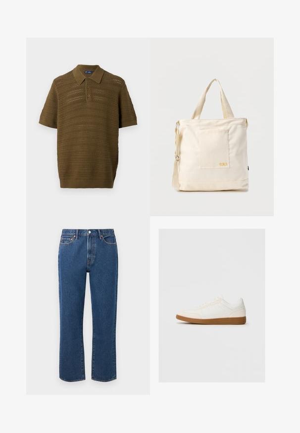 Polo à manches courtes en vert olive, présentant un design en maille texturée et aérée avec des rayures horizontales et un col et un ourlet côtelés.; Jean droit bleu en denim, doté d'un bouton de fermeture, de cinq poches et de coutures contrastantes orange.; Baskets blanches avec un capuchon en daim, un dessus en synthétique lisse et une semelle en caoutchouc marron. Présente des perforations sur les côtés pour une meilleure respirabilité.; Sac fourre-tout en toile crème avec poche avant, deux poignées, bandoulière réglable et petit texte jaune "O.N.S" en bas à droite de la poche.