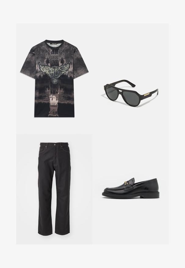 T-shirt à manches courtes noir et gris avec une texture usée et un emblème central avec des ailes portant les lettres "RC."; Jeans en denim noir avec une coupe droite, dotés de coutures orange contrastantes, d'un design à cinq poches et d'une fermeture à bouton classique.; Mocassins en cuir noir avec un embout rond, présentant des accents en métal doré et des détails de couture, montés sur une semelle en caoutchouc texturé et basse.; Lunettes de soleil noires avec une monture géométrique, des verres teintés et des accents dorés sur les tempes. Matériau en plastique lisse avec une finition mate.