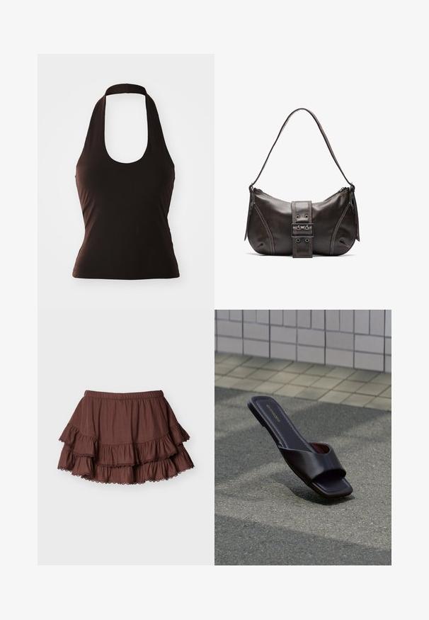 Čierny halter top vyrobený z jemnej látky, s širokým výstrihom a priliehavým strihom, bez ďalších vzorov alebo ozdôb.; Hnedá vrstvená mini sukňa s elastickým pásom a volánmi lemovanými čipkou na jednoduchom svetlom pozadí.; Tmavohnedá sandála s otvorenou špičkou, štvorcovým tvarom špičky a širokým remienkom, ležiaca na sivom asfalte pri dláždenom chodníku.; Hnedá kožená taška cez plece s zakriveným tvarom, s výrazným detailom sponky, kontrastným prešívaním a jedným popruhom na plece.