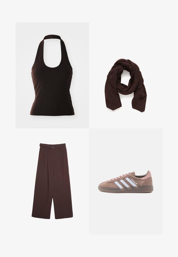 Čierny halter top vyrobený z jemnej látky, s širokým výstrihom a priliehavým strihom, bez ďalších vzorov alebo ozdôb.; Stradivarius SMART WIDE-LEG WITH BUCKLE DETAIL - Nohavice - dark brown; Hnedá semišová teniska s jemne ružovými akcentmi, s tromi bielymi pásikmi, textúrovanou podrážkou a guľatou špičkou.; Mäkký, tmavohnedý pletený šál zložený do voľného kruhu na bielom pozadí.