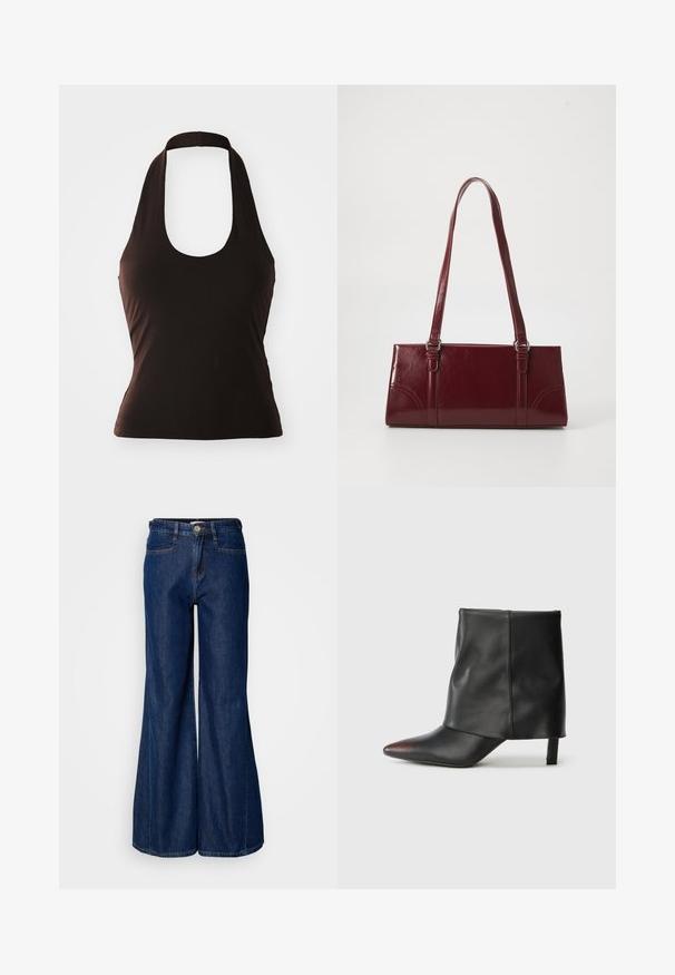 Čierny halter top vyrobený z jemnej látky, s širokým výstrihom a priliehavým strihom, bez ďalších vzorov alebo ozdôb.; Dlhé nohavice z tmavého denimu s vysokým pásom, piatimi vreckami a kovovým zapínaním. Hladká textúra a jemné švy.; Čierna členková čižma z hladkej kože so špicatou špičkou a zužujúcim sa podpätkom. Vrchná časť má jemne nabraný dizajn.; Bordová kabelka vyrobená z lesklého materiálu, obdĺžnikový tvar, s dvoma ramennými popruhmi a jemnými zakrivenými akcentmi na prednej strane.