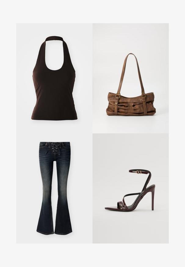 Čierny halter top vyrobený z jemnej látky, s širokým výstrihom a priliehavým strihom, bez ďalších vzorov alebo ozdôb.; Tmavomodré rifľové zvonové nohavice s viazaním na prednej strane a jemným vyblednutím na stehnách a kolenách.; Burgundské lakované kožené sandále na vysokom opätku s remienkom okolo členka, špicatou špičkou a tromi horizontálnymi popruhmi cez chodidlo. Zlatý sponkový detail.; Even&Odd Kabelka - brown