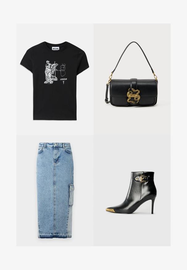 Sort bomulds T-shirt med et hvidt grafisk motiv af en klassisk statue, der spiller på en lyre sammen med en stregfigur med spidst hår og tekst.; Lys blå denimnederdel med lige snit, frontknaplukning, sidelommer og et markant kontrasterende stofpanel.; Sort ankelstøvle lavet af skinnende læder med spids tå, stilet hæl og guldfarvet hardware med en dekorativ spænde-detalje.; Sort skuldertaske i læder med guldfarvet dobbelt slange-lås og "Just Cavalli" logo på frontklappen.