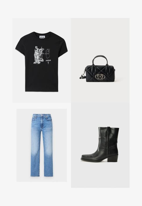 Μαύρη βαμβακερή μπλούζα T-shirt με λευκό γραφικό που απεικονίζει ένα κλασικό άγαλμα που παίζει λύρα δίπλα σε μία φιγούρα stick με αγκαθωτά μαλλιά και κείμενο.; Τζιν μπλε, ψηλόμεσο με ίσια μπατζάκια, μπροστινές τσέπες, θηλιές για ζώνη, κουμπί και ξεβαμμένες λεπτομέρειες στους μηρούς και γόνατα.; Μαύρη δερμάτινη μπότες αστραγάλου με στρογγυλή μύτη, τετράγωνη φτέρνα, πλαϊνό φερμουάρ και ραφές στη μύτη. Ομαλή υφή, κλασικός σχεδιασμός.; Μικρή μαύρη τσάντα με καπιτονέ διπλές λαβές, ασημένιο λογότυπο και αποσπώμενο λουράκι ώμου σε απλό φόντο.