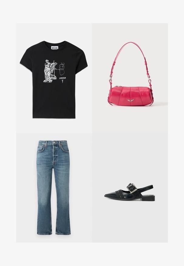 Sort bomulds T-shirt med et hvidt grafisk motiv af en klassisk statue, der spiller på en lyre sammen med en stregfigur med spidst hår og tekst.; Lyseblå denimjeans med høj talje, lige ben-design og subtil falming. Har klassisk fem-lomme-stil og metalknaplukning.; Melissa LADYLIKE - Ballerinasko - black; Lille skinnende lyserød skuldertaske i læder med sølv vingeemblem og justerbar rem, lynlåslukning øverst, vist på hvid baggrund.