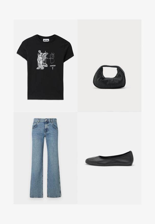 Μαύρη βαμβακερή μπλούζα T-shirt με λευκό γραφικό που απεικονίζει ένα κλασικό άγαλμα που παίζει λύρα δίπλα σε μία φιγούρα stick με αγκαθωτά μαλλιά και κείμενο.; Ανοιχτού μπλε, φαρδιά τζιν παντελόνια από ύφασμα τζιν, με ζώνη που κλείνει με κουμπί, πέντε τσέπες και κλασικό ραμμένο σχέδιο.; Μαύρο δερμάτινο μπαλαρίνι με στρογγυλή μύτη, λεία υφή, ελάχιστες λεπτομέρειες ραφής και σχεδίαση ευέλικτης σόλας.; Μαύρη υφαντή τσάντα χόμπο με μαλακή δομή και ενσωματωμένη λαβή, απεικονίζεται σε απλό φωτεινό φόντο.