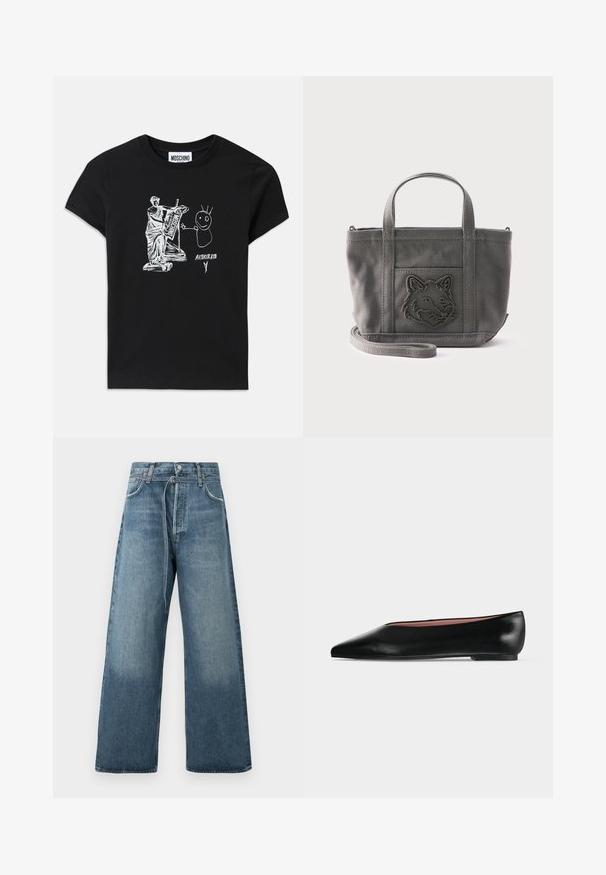 Μαύρη βαμβακερή μπλούζα T-shirt με λευκό γραφικό που απεικονίζει ένα κλασικό άγαλμα που παίζει λύρα δίπλα σε μία φιγούρα stick με αγκαθωτά μαλλιά και κείμενο.; Πλατύς τζιν παντελόνι σε μπλε χρώμα με ξεθωριασμένο φινίρισμα, φτιαγμένο από τζιν με ορατές ραφές και κουμπί στη μέση.; Μαύρο δερμάτινο γυναικείο παπούτσι με χαμηλό τακούνι και μυτερή μύτη, εμφανιζόμενο πλάγια σε απλό ανοιχτό γκρι φόντο.; Μικρή γκρι υφασμάτινη τσάντα ώμου με δύο λαβές, αποσπώμενο λουρί και ανάγλυφο σχέδιο κεφαλής λύκου στην μπροστινή τσέπη.