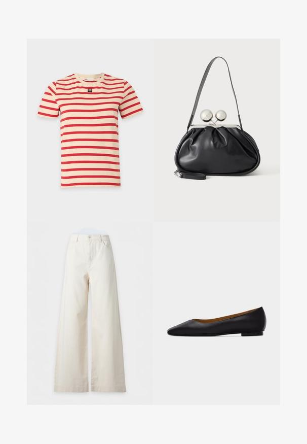 T-shirt beige à manches courtes avec des rayures rouges horizontales et un petit patch logo noir et blanc centré sous le col.; Pantalon large taille haute couleur crème avec bouton sur le devant, poches latérales, passants de ceinture et couture visible sur l'ourlet.; Chaussure plate en cuir noir à bout pointu avec talon bas et finition lisse, vue de côté sur un fond gris clair.; Sac à main en cuir noir avec un design plissé, une sangle unique, un cadre métallique argenté et deux grandes fermoirs ronds en argent.