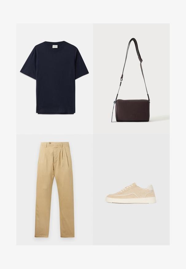 Tumed sinine puuvillane T-särk lühikeste varrukatega, ümar kaelus ja lõdva istuvusega. Kaelasildil on kiri "CLOSED". Sile tekstuur.; CLOSED BERGEN TAPERED - Chino-püksid - beige; Beige sametist tennisjalats valge tallaga ja nööridega, madala juhtimisega disain ja laineline mustripind tallal.; Tumepruun tekstureeritud nahast üle õla kantav kott, reguleeritava rihmaga ja väikese sinise dekoratiivse aktsendiga küljes.