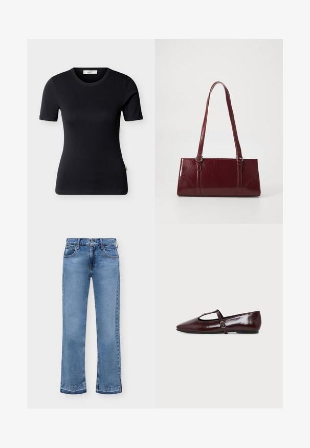 T-shirt noir ajusté à manches courtes avec col rond et une petite étiquette de marque à l'intérieur du col, présenté sur un fond uni.; Jean en denim bleu avec coupe droite, poches avant et arrière, fermeture par bouton et coutures visibles.; Chaussure plate en cuir bordeaux foncé avec un bout pointu et une fine bride en T avec une boucle argentée sur fond blanc.; Sac à main bordeaux en matériau brillant, de forme rectangulaire, avec deux anses et des accents légèrement courbés à l'avant.