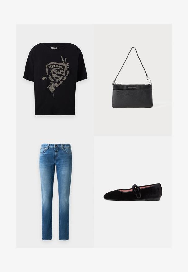 T-shirt noir à manches courtes avec un design orné de rhinestones portant le mot "Blauer" et des accents floraux. Matériau en coton doux.; Jean en denim bleu avec un design à jambe droite, doté d'une fermeture à bouton, de cinq poches et d'une légère décoloration. Texture lisse avec des coutures oranges.; Chaussure plate Mary Jane en velours noir avec bout arrondi et bride à boucle ronde décorative sur fond gris clair.; Porte-monnaie en cuir noir, finition texturée, fermeture à glissière, quincaillerie en métal argenté, logo de la marque, bandoulière réglable. Forme compacte et rectangulaire.