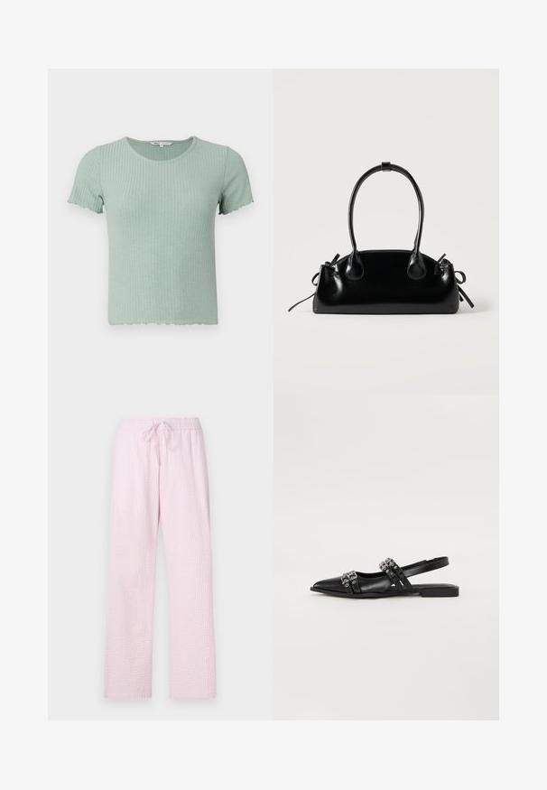 T-shirt en coton côtelé vert clair avec des manches courtes et un ourlet festonné. Présente un col rond et une texture douce.; Pantalons de pyjama rose clair en tissu texturé avec une coupe ample, dotés d'une taille élastique et d'un cordon de serrage pour un ajustement facilité.; Even&Odd by Zalando Ballerines à brides arrière - black; Petit sac à main noir brillant avec deux longues anses et des détails à cordon sur les côtés sur un fond clair uni.