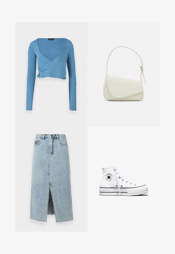 Lyseblå cropped langærmet top med v-hals og omslagdesign, lavet af ribbet stof. Har en drapering ved taljen.; Lysblå denimskørt med en frontslids, frynset kant, fem lommer og en knaplukning i taljen. Klassisk lige snit design.; Hvid højtop Converse Chuck Taylor All Star-sneaker med sort logo-patch og hvide snørebånd, vist på hvid baggrund.; Hvid taske i faux læder med en struktureret trekantet form, enkelt justerbart skulderstrop og en flaplås med kurver.