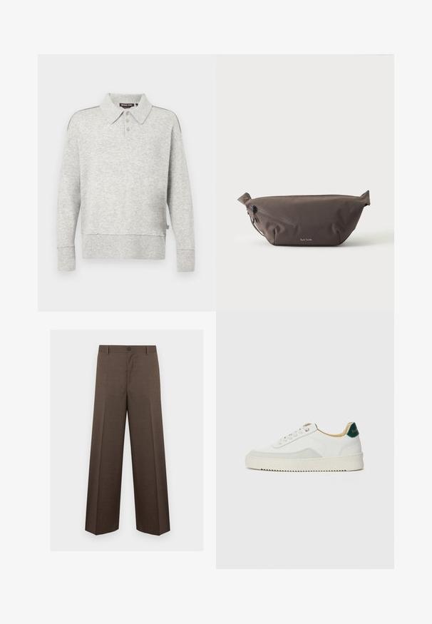Pull polo gris clair à manches longues avec patte de boutonnage, poignets et ourlet côtelés, et une texture tricotée douce.; Pantalon marron à jambes larges, coupe cintrée avec passants de ceinture et fermeture par bouton, présenté à plat sur un fond blanc.; Baskets blanches avec des accents en daim, bout arrondi, lacets plats et semelle en caoutchouc crème. Présente une marque verte sur le talon.; Sac banane en tissu marron foncé avec poche zippée en diagonale et petit logo blanc sur le devant, sur un fond clair uni.