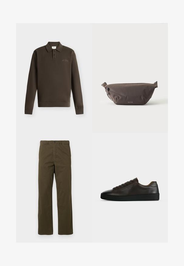 Polo à manches longues marron foncé avec deux boutons et petit texte brodé sur la poitrine gauche sur fond blanc.; Pantalons en coton marron pour hommes, coupe droite, avec passants de ceinture, bouton frontal et fermeture éclair sur fond clair.; Baskets basses en cuir marron foncé avec semelle en caoutchouc noire, lacets à l'avant et design minimaliste épuré sur fond clair.; Sac banane en tissu marron foncé avec poche zippée en diagonale et petit logo blanc sur le devant, sur un fond clair uni.