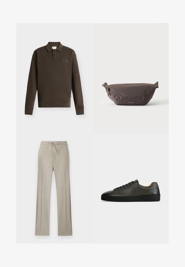 Polo à manches longues marron foncé avec deux boutons et petit texte brodé sur la poitrine gauche sur fond blanc.; Pantalon beige en mélange de lin avec fines rayures blanches discrètes, taille à cordon et jambes droites.; Basket basse en cuir gris foncé avec lacets et semelle noirs, design minimaliste, profil latéral sur un fond clair uni.; Sac banane en tissu marron foncé avec poche zippée en diagonale et petit logo blanc sur le devant, sur un fond clair uni.