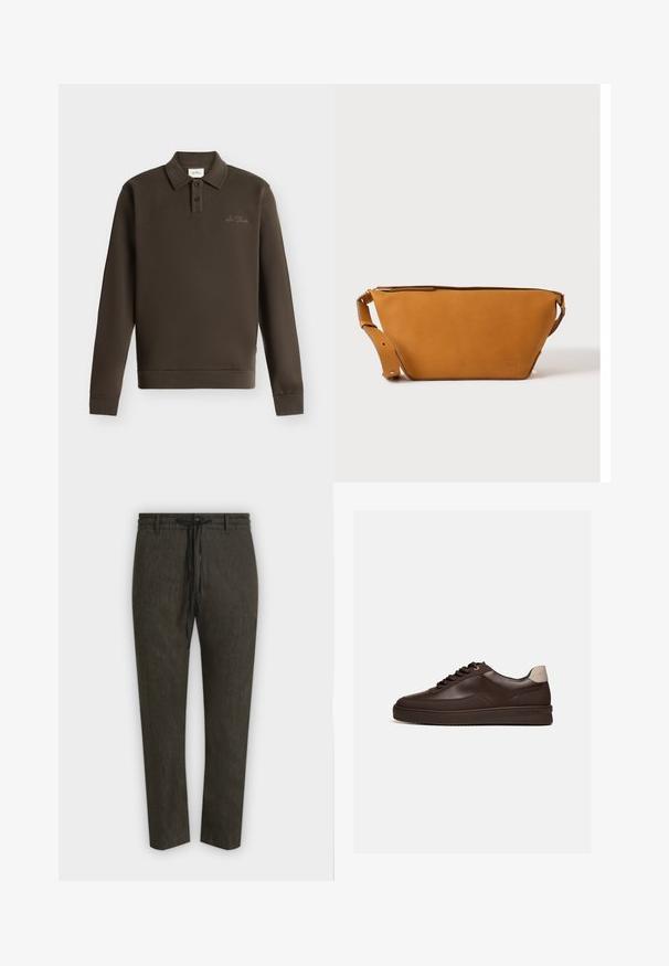 Polo à manches longues marron foncé avec deux boutons et petit texte brodé sur la poitrine gauche sur fond blanc.; Pantalon droit vert olive foncé avec taille élastique et cordon noir, présenté à plat sur fond gris clair.; Baskets en cuir marron foncé à profil bas avec une semelle rainurée et une languette beige clair au talon, vues de côté sur fond blanc.; Sac bandoulière en cuir marron clair avec sangle réglable et fermeture éclair, présenté sur un fond clair uni.
