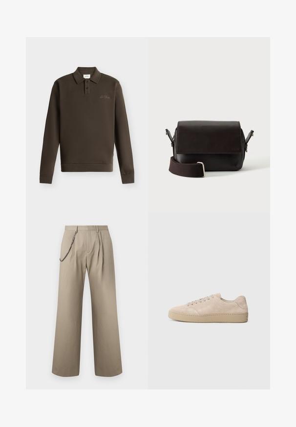 Polo à manches longues marron foncé avec deux boutons et petit texte brodé sur la poitrine gauche sur fond blanc.; Pantalon beige à jambes larges avec plis à l'avant et une chaîne métallique attachée au passant de ceinture gauche pour le style.; Baskets en daim beige avec un bout rond, des lacets plats et une semelle en caoutchouc texturé. Design minimaliste avec des bords lisses et des coutures discrètes.; Sac bandoulière en cuir marron foncé avec fermeture à rabat et sangle en tissu réglable sur fond blanc.