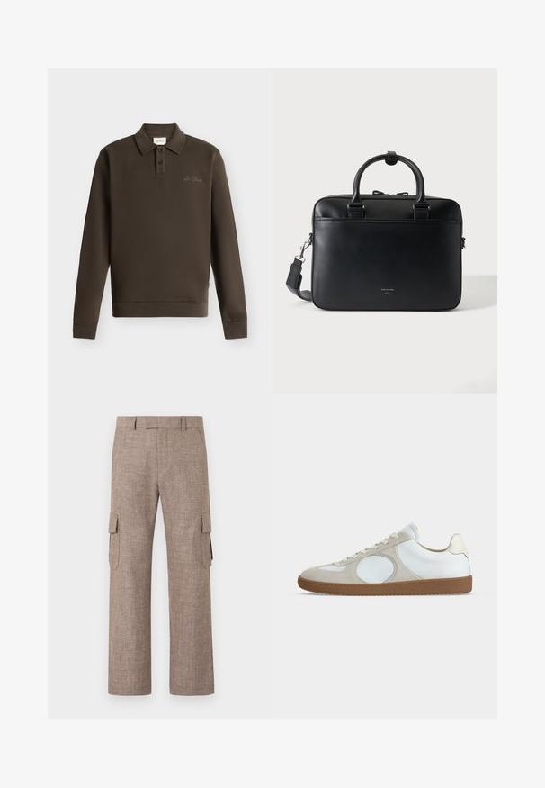 Polo à manches longues marron foncé avec deux boutons et petit texte brodé sur la poitrine gauche sur fond blanc.; Pantalon cargo marron à jambes droites avec poches à rabat latérales et passants de ceinture, présentant une finition en tissu texturé.; Baskets décontractées à profil bas avec tige en cuir blanc, accents en daim beige clair, bout rond, lacets blancs et semelle en gomme.; Porte-documents en cuir noir avec doubles poignées et bandoulière détachable, design minimaliste sur fond uni.