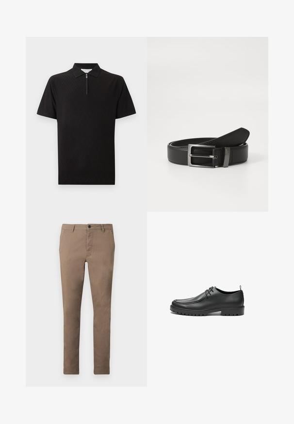 Polo noir à manches courtes avec un motif subtil en losange et une fermeture éclair devant sous le col sur un fond uni.; Pantalon marron ajusté pour homme avec fermeture à boutons et zip sur le devant, passants de ceinture et poches latérales, présenté à plat sur fond blanc.; Chaussures en cuir noir avec une finition lisse, bout arrondi et coutures décoratives. Elles possèdent une semelle en caoutchouc avec des rainures de traction et un laçage.; Ceinture en cuir noir avec une boucle en métal argenté, présentant une finition lisse et un design classique. La ceinture est soigneusement pliée.