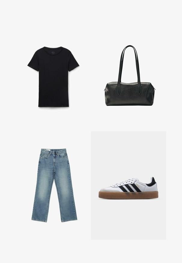 Sort t-shirt med korte ærmer og rund hals lagt fladt på hvid baggrund, der viser forfra og glat stoftekstur.; Blå jeans med høj talje og lige ben, med fem lommer, knaplukning og en diskret falmet vask på forsiden af lårene.; Hvide lædersneakers med sorte striber, gummirubber sål, rund tå, snørelukning og blød grå ruskinds tåhætte.; Sort rektangulær læderhåndtaske med to lange skulderstropper og en lynlåslukning øverst.