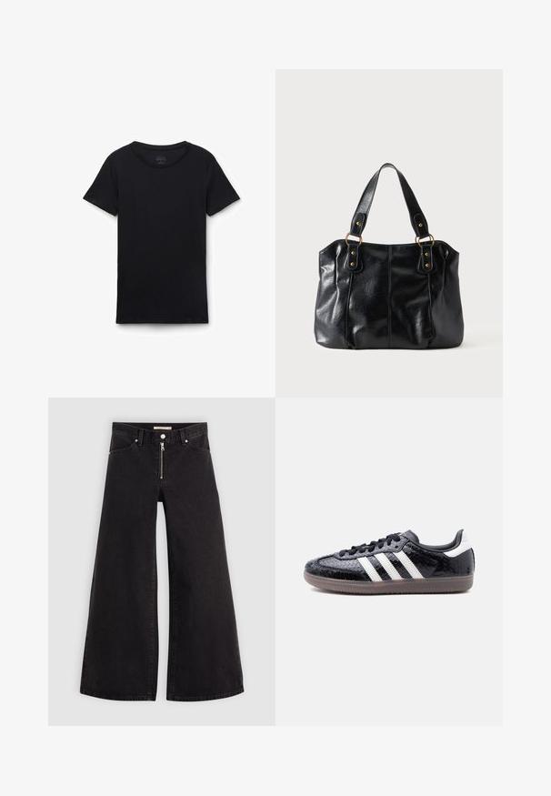 Sort t-shirt med korte ærmer og rund hals lagt fladt på hvid baggrund, der viser forfra og glat stoftekstur.; Vide ben jeans i sort denim med lynlås foran, fem lomme-design og subtile stikninger. Glat tekstur og afslappet stil.; Lavprofils sort sneaker med tekstureret slangeskindsmønster, hvide striber på siden, sorte snørebånd og en gennemsigtig brun sål.; Sort læder skuldertaske med dobbelte stropper fastgjort med gyldne ringe og nitter, glat og let skinnende overflade, enkelt design.