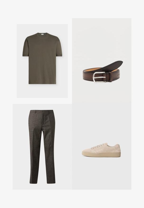 T-shirt vert olive uni à manches courtes avec col rond et petite étiquette blanche à l'intérieur du col au dos.; Pantalon en laine gris foncé à jambes droites, avec passants de ceinture, poches avant et coupe ajustée.; Baskets en daim beige avec un bout rond, des lacets plats et une semelle en caoutchouc texturé. Design minimaliste avec des bords lisses et des coutures discrètes.; Ceinture en cuir marron foncé roulée avec une boucle rectangulaire argentée sur fond blanc.