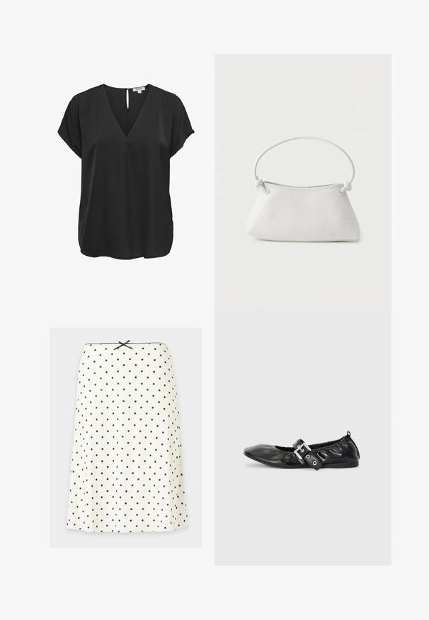 Zwarte blouse met korte mouwen, V-hals en knoopsluiting aan de achterkant, losse pasvorm, gemaakt van gladde stof.; Witte A-lijn rok met zwarte polka dots, een kleine zwarte strik in de taille en een geschulpte rand langs de bovenkant.; Zwarte leren platte schoen met een spitse neus, geplooide details rond de opening en een zilveren gespaccentueerde verstelbare band.; Witte handtas van gevlochten leer met een afgeronde handgreep en uiteinden van de band die geknoopt zijn, afgebeeld tegen een effen achtergrond.