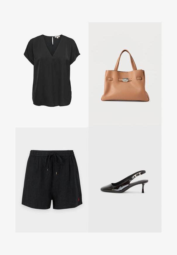 Schwarze kurzärmelige Bluse mit V-Ausschnitt und Knopfverschluss am Rücken, lockere Passform, aus glattem Stoff.; Schwarze Freizeithose mit elastischem Bund und Kordelzug, mit einem kleinen roten bestickten Logo auf der unteren linken Seite.; Schwarzer Slingback-Schuh aus Lackleder mit spitzer Zehenpartie, silberner Schnalle und mittelhohem Kitten-Heel auf hellem einfarbigem Hintergrund.; Hellbraune Leder-Umhängetasche mit zwei Griffen und magnetischem Verschluss. Verfügt über zwei rechteckige Akzente auf der Vorderseite. Glatte Textur.