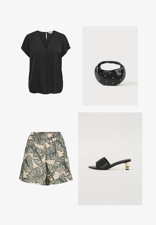 Sort kortærmet bluse med V-hals og knaplukning med nøglehul bagpå, løs pasform, lavet af glat stof.; Beige shorts med elastisk linning, dekoreret med store tropiske blade med mørkegrønne omrids.; Sorte lædersandaletter med åben tå og en buet guldfarvet hæl. Flad sål med minimalistisk design og glat tekstur.; Sort læderhåndtaske med en rundet form, dekoreret med sølvnitter, og et kort håndtag. Glat tekstur og lynlåslukning.