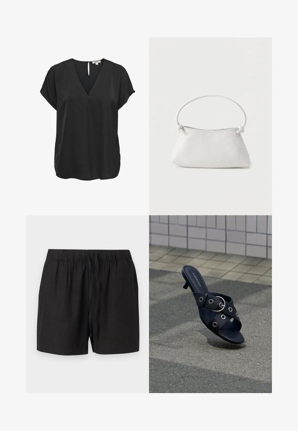 Sort kortærmet bluse med V-hals og knaplukning med nøglehul bagpå, løs pasform, lavet af glat stof.; Sorte afslappede shorts med elastisk talje og snor foran, lavet af letvægtsstof, vist mod en neutral baggrund.; Sort hælsandal med krydsede stropper med sølvøjer og en rund spænde, placeret på tekstureret fortov nær flisevæg.; Hvid fletlæderhåndtaske med afrundet håndtag og ender på remmen, der er knyttet, vist mod en ensfarvet baggrund.