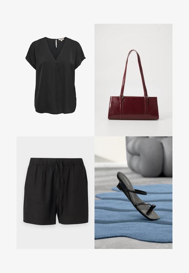 Zwarte blouse met korte mouwen, V-hals en knoopsluiting aan de achterkant, losse pasvorm, gemaakt van gladde stof.; Zwarte casual shorts met elastische tailleband en trekkoord aan de voorkant, gemaakt van lichtgewicht stof, afgebeeld tegen een neutrale achtergrond.; Zwarte sandalen met bandjes en teenlus, gepresenteerd op een blauw gestructureerd tapijt, met een groot grijs decoratief object wazig op de achtergrond.; Bourgondische handtas van glanzend materiaal, rechthoekige vorm, met twee schouderbanden en subtiele gebogen accenten aan de voorkant.