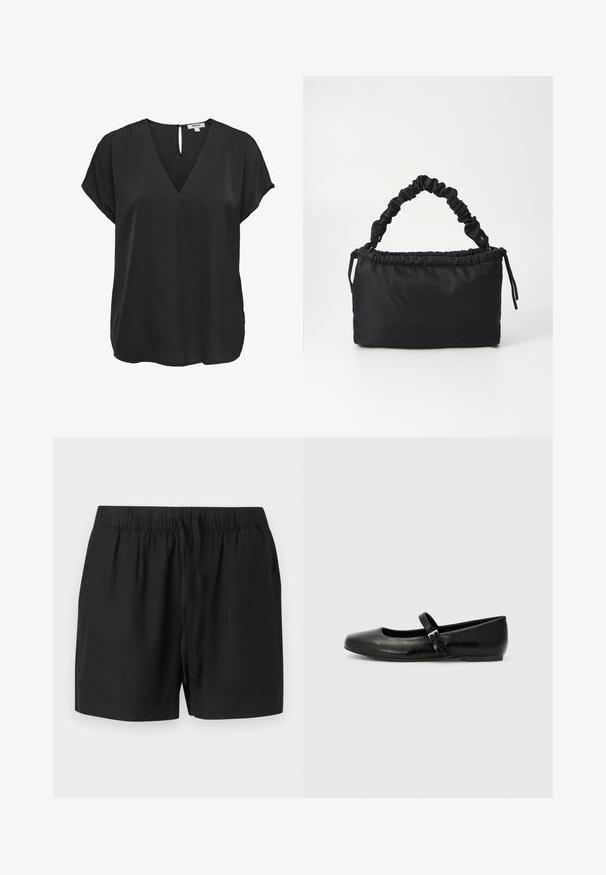 Schwarze kurzärmelige Bluse mit V-Ausschnitt und Knopfverschluss am Rücken, lockere Passform, aus glattem Stoff.; Schwarze Freizeitsshorts mit elastischem Bund und vorderem Kordelzug aus leichtem Stoff, vor neutralem Hintergrund dargestellt.; Schwarze Leder-Ballerinas mit einer runden Spitze, einer flachen Sohle und einem dünnen, verstellbaren Riemen über dem Spann mit einer Metallschnalle.; Schwarze Tasche aus weichem, glattem Stoff. Verfügt über einen gerafften Griff und einen Kordelzugverschluss, hat eine rechteckige Form und keine sichtbaren Beschläge.