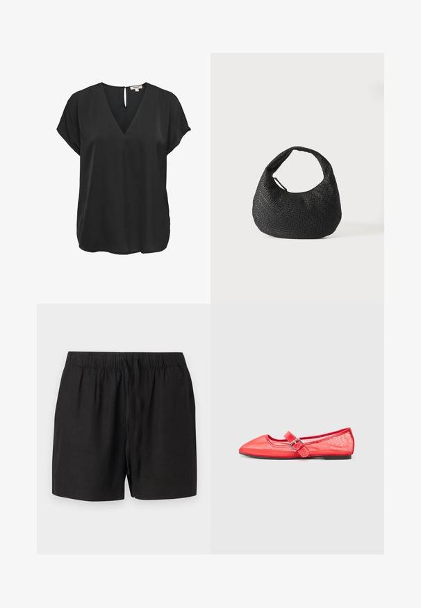 Zwarte blouse met korte mouwen, V-hals en knoopsluiting aan de achterkant, losse pasvorm, gemaakt van gladde stof.; Zwarte casual shorts met elastische tailleband en trekkoord aan de voorkant, gemaakt van lichtgewicht stof, afgebeeld tegen een neutrale achtergrond.; Rode balletschoenen met spitse neuzen en een glanzende afwerking, met een bandje met een zilveren gespsluiting en een platte zwarte zool.; Zwarte geweven leren handtas met een gebogen handvat en een maansikkelvormig lichaam, weergegeven op een eenvoudige witte achtergrond.