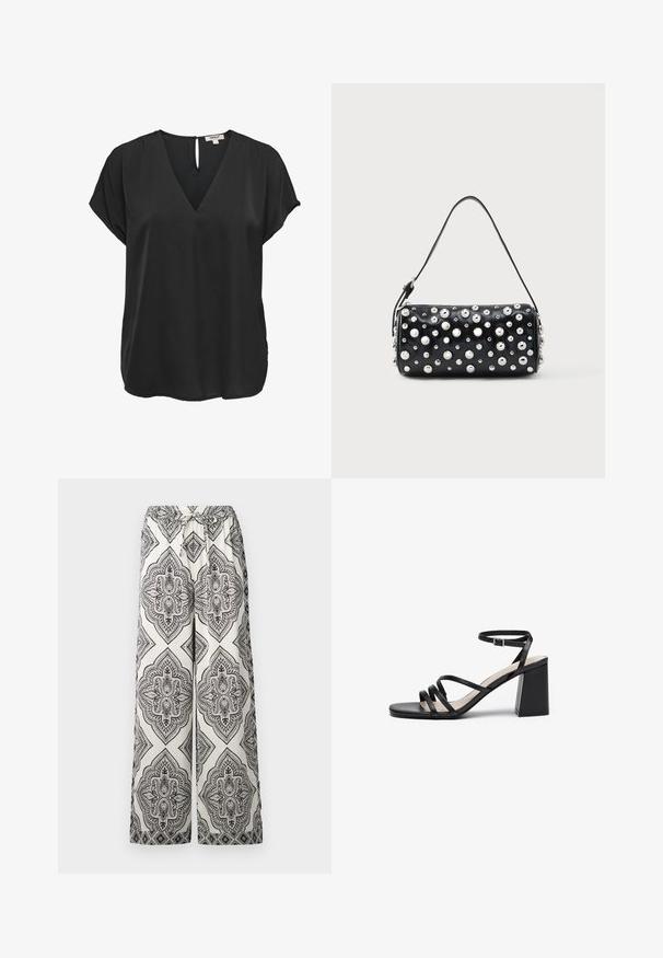 Zwarte blouse met korte mouwen, V-hals en knoopsluiting aan de achterkant, losse pasvorm, gemaakt van gladde stof.; Wijdvallende broek in crèmekleur met een zwart, verfijnd diamanten patroon. Voorzien van een elastische tailleband met een strikdetail en een soepele textuur.; Zwarte hakken sandalen met meerdere dunne bandjes, vierkante neus en een blokhak, met een verstelbare enkelband. Glad leren textuur.; Zwarte leren handtas met een afgeronde vorm, versierd met zilverkleurige studs. Voorzien van een afneembare riem en ritssluiting. Gladde textuur.