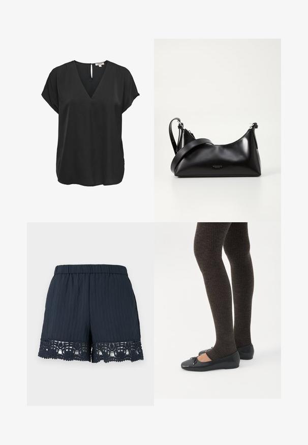 Sort kortærmet bluse med V-hals og knaplukning med nøglehul bagpå, løs pasform, lavet af glat stof.; Marineblå dame-shorts med elastisk talje og blomstret blondekant langs kanten mod en lys, ensfarvet baggrund.; Ben iført mørke ribbede leggings kombineret med sorte balletsko med små sløjfedetaljer på hvid baggrund.; Sort læderhåndtaske med en glat tekstur. Har en justerbar stropp og et enkelt, minimalistisk design med lynlås.