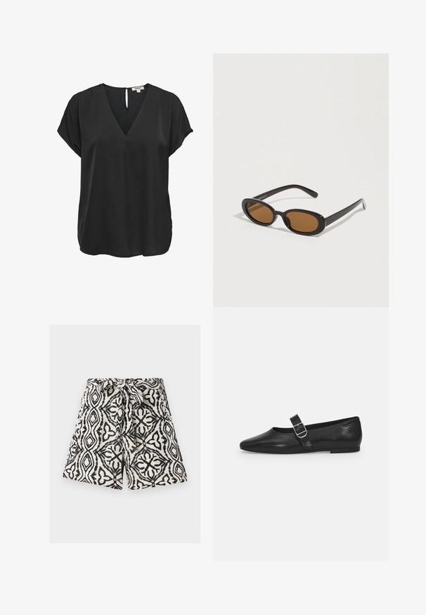 Sort kortærmet bluse med V-hals og knaplukning med nøglehul bagpå, løs pasform, lavet af glat stof.; Shorts med høj talje med sort-hvidt geometrisk blomstermønster og et stofbælte bundet i en sløjfe i taljen.; Sorte læder flade sko med rund tå, et enkelt justerbart spænde og en glat, blank overflade. Minimalistisk design med en lav hæl.; Solbriller med ovale brune linser, sorte plastikstel og tynde arme. Glat tekstur med et minimalistisk design.
