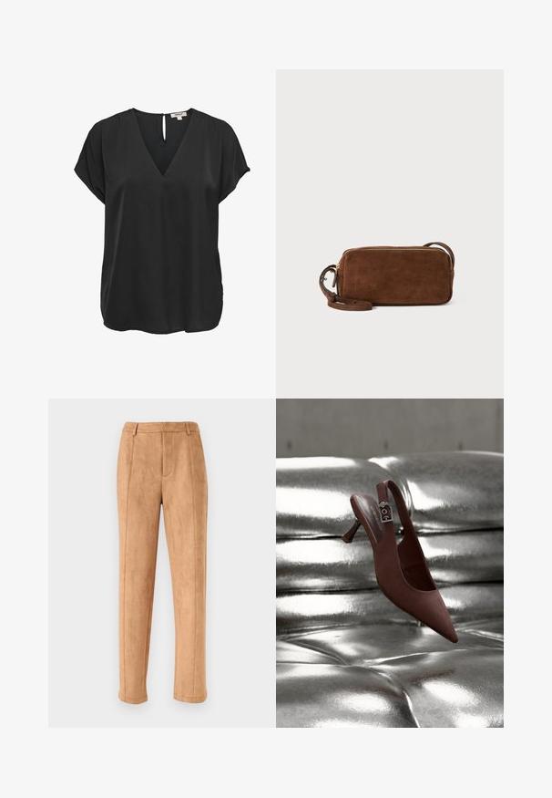 Zwarte blouse met korte mouwen, V-hals en knoopsluiting aan de achterkant, losse pasvorm, gemaakt van gladde stof.; High-rise, rechte broek van beige suède met riemlussen en een frontnaad tegen een effen achtergrond.; Bruine puntschoen met slingback, lage hak en gespband, rustend op een glanzend, zilverkleurig, getuft oppervlak.; Bruine suède tas met een vlakke rechthoekige vorm, een ritssluiting en een afneembare schouderband. Beschikt over een gladde textuur en een minimalistisch ontwerp.
