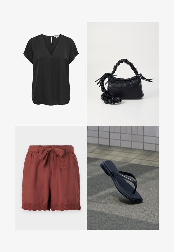 Zwarte blouse met korte mouwen, V-hals en knoopsluiting aan de achterkant, losse pasvorm, gemaakt van gladde stof.; Koperkleurige shorts van lichtgewicht stof, met een elastische tailleband en een strik, en ingewikkelde geschulpte borduursels aan de zoom.; Zwarte teenslipper met met studs bezette bandjes, hangend boven asfalt nabij de betegelde muurhoek.; Zwarte nepleer handtas met een krokodillenstructuur, opgedroogde bovenkant en een gekreukte hengsel. Het lijkt zacht en compact van ontwerp.