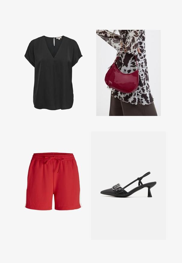 Zwarte blouse met korte mouwen, V-hals en knoopsluiting aan de achterkant, losse pasvorm, gemaakt van gladde stof.; Rode sportshorts van lichtgewicht materiaal, met een elastische tailleband met trekkoord en witte zijaccenten.; Simmi London DALA - Klassieke pumps - black; Vrouw met een zwart-wit gebloemde blouse houdt een glanzende rode schoudertas vast tegen een effen achtergrond.