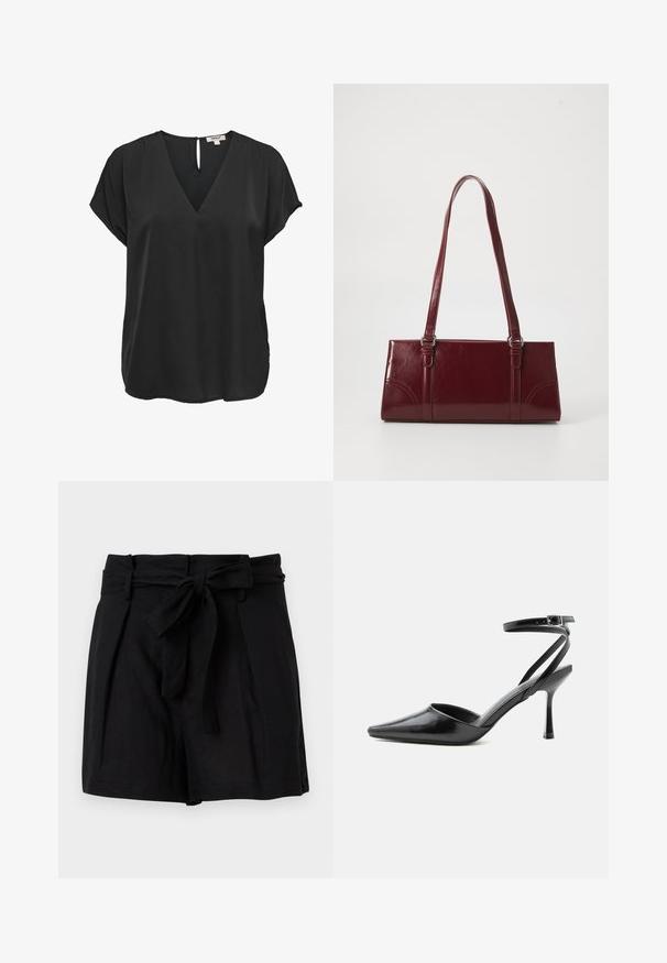 Zwarte blouse met korte mouwen, V-hals en knoopsluiting aan de achterkant, losse pasvorm, gemaakt van gladde stof.; Zwarte shorts met hoge taille, voorzien van een stoffen ceintuur die vooraan in een strik is gebonden en met zijzakken, gefotografeerd tegen een witte achtergrond.; Zwarte pumps met puntige neus, dunne enkelbandjes en een zilveren gesp op een effen lichte achtergrond.; Bourgondische handtas van glanzend materiaal, rechthoekige vorm, met twee schouderbanden en subtiele gebogen accenten aan de voorkant.