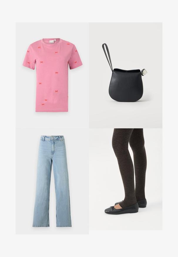 Rosa Baumwoll-T-Shirt mit kurzen Ärmeln und verstreuten roten Bogenstickereien. Rundhalsausschnitt und Standardpassform.; Hellblaue, hochgeschnittene Jeans mit weitem Bein, vorderem Knopf- und Reißverschluss, Gürtelschlaufen und ohne sichtbare Abnutzung.; Beine in dunklen, gerippten Leggings kombiniert mit schwarzen Ballerinas mit kleinen Schleifendetails auf weißem Hintergrund.; Schwarze Leder-Handgelenktasche mit abgerundetem Boden und silbernem Verschluss auf schlichtem weißem Hintergrund.