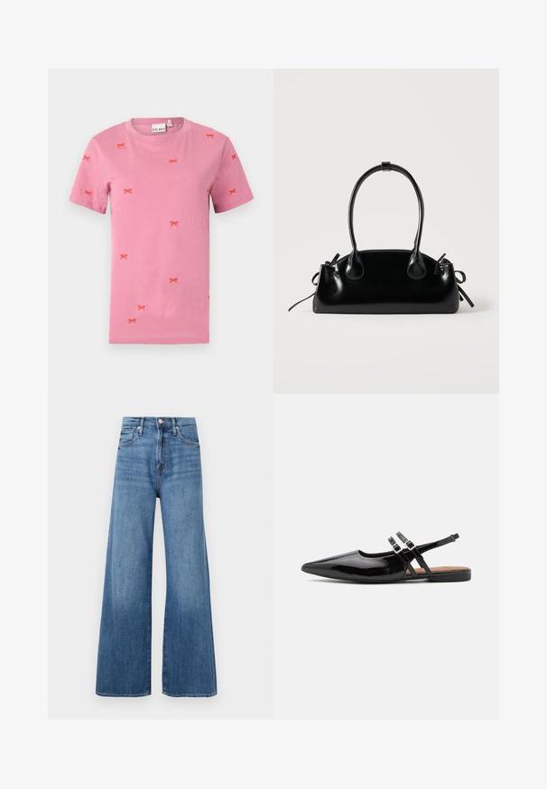 Korte mouwen roze katoenen T-shirt met verspreide rode strikborduursels. Ronde hals en standaard pasvorm.; Blauwe high-waisted wijde jeans met knoop- en ritsluiting, voorzakken en subtiele vervaging op de stof.; Zwarte gepatineerde leren slingback schoenen hebben een spitse neus, twee banden met gespsieraden en een platte zool.; Kleine zwarte glanzende handtas met twee lange hengsels en zijkant trekkoord details op een effen lichte achtergrond.