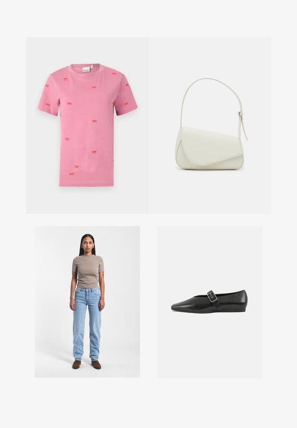 Lyserød kortærmet bomulds t-shirt med spredt rød sløjfebrod fra hele designet. Rund halsudskæring og standard pasform.; Beige tætsiddende t-shirt, lyseblå højtaljede jeans og brune ruskinds ankelstøvler. Hår langt og glat; bemærkelsesværdig tatovering på venstre arm.; Sorte læder flade sko med spidse tæer, prydet med en metallisk spænde over vristen og en lav, fleksibel sål.; Hvid taske i faux læder med en struktureret trekantet form, enkelt justerbart skulderstrop og en flaplås med kurver.
