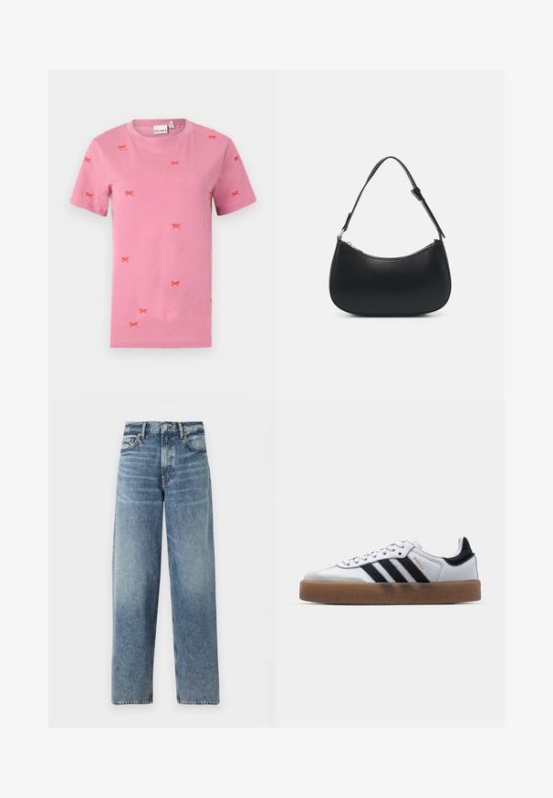 Rosa Baumwoll-T-Shirt mit kurzen Ärmeln und verstreuten roten Bogenstickereien. Rundhalsausschnitt und Standardpassform.; Hellblaue Denimjeans mit geradem Schnitt, hoher Taille und dezentem Verblassen. Verfügt über fünf Taschen und einen Knopfverschluss.; Weiße Leder Sneakers mit schwarzen Streifen, Gummigummi-Außensohle, runder Zehenform, Schnürverschluss und weichem grauem Wildleder-Zehenkappe.; Pieces PCALUANA SHOULDER BAG - Handtasche - black