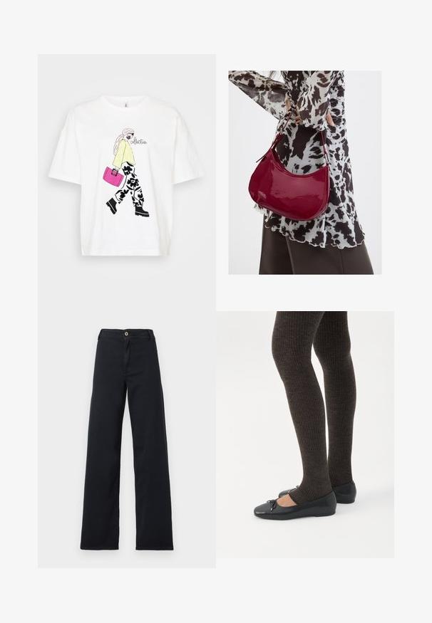Hvid T-shirt med en grafik af en figur i en gul sweater og blomstrede bukser, der bærer en lyserød taske. Sorte detaljer tilføjer dybde.; Sorte jeans med høj talje og vide ben, med knap- og lynlåslukning, synlige forlommer, lagt fladt på en hvid baggrund.; Ben iført mørke ribbede leggings kombineret med sorte balletsko med små sløjfedetaljer på hvid baggrund.; Kvinde iført en sort- og hvidmønstret bluse, der holder en blank rød skuldertaske mod en ensfarvet baggrund.