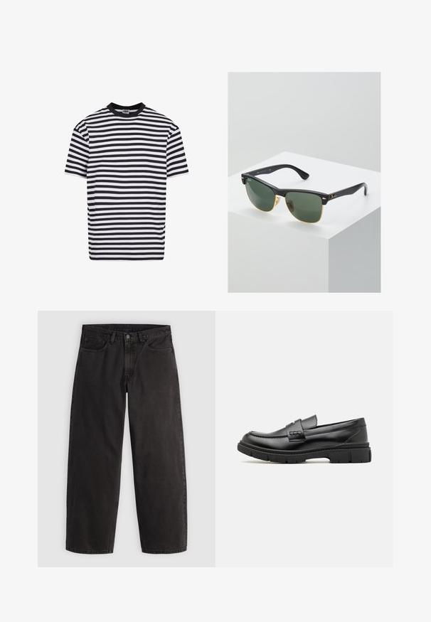 Schwarz-weißer, horizontal gestreifter Kurzarm-T-Shirt mit schwarzem Kragen, von Urban Classics, Größe M.; Schwarze gerade geschnittene Jeans aus Denim mit fünf Taschen und Gürtelschlaufen, flach auf einem einfarbigen hellen Hintergrund liegend dargestellt.; Schwarze Lederloafer mit einem breiten Riemen über dem Rist, Gummisohle mit dicken Profilen und glatter Textur. Klassisches, schlankes Design.; Ray-Ban Sonnenbrillen mit grünen Gläsern, schwarzen Kunststoffrahmen und goldenen Akzenten an den Rändern. Quadratische Form mit matter Oberfläche.