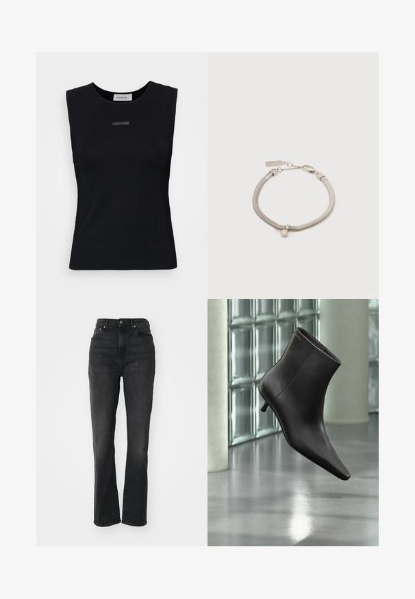 Top sans manches noir en tissu lisse. Doté d'un col rond et d'un petit logo Calvin Klein au centre. Design simple et ajusté.; Jeans en denim noir taille haute avec jambes droites, design à cinq poches, fermeture à bouton à l'avant et détails de couture minimaux.; Bottine en cuir noir avec bout pointu et petit talon, présentée devant un mur en blocs de verre et un sol poli.; Bracelet en chaîne serpent argentée avec un petit pendentif sphérique et une fermeture à ressort, sur fond blanc.