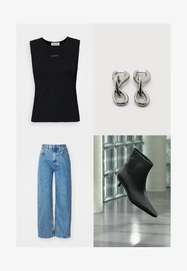 Top sans manches noir en tissu lisse. Doté d'un col rond et d'un petit logo Calvin Klein au centre. Design simple et ajusté.; Jean large en denim bleu clair avec taille haute, ourlet effiloché et design à cinq poches. La texture usée ajoute de la profondeur au tissu.; Bottine en cuir noir à bout pointu et petit talon kitten, présentée en angle devant un sol poli et un mur en blocs de verre.; Paire de boucles d'oreilles en métal argenté avec un motif abstrait d'anneaux entrelacés sur fond blanc.